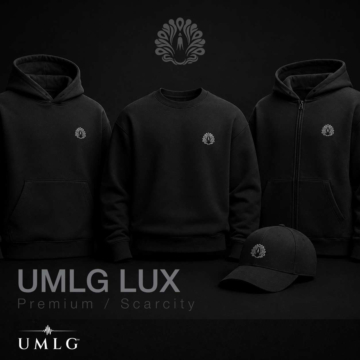 UMLG LUX premium collection mockup featuring black hoodies, sweatshirt, and cap with premium UMLG crest branding on a dark background.