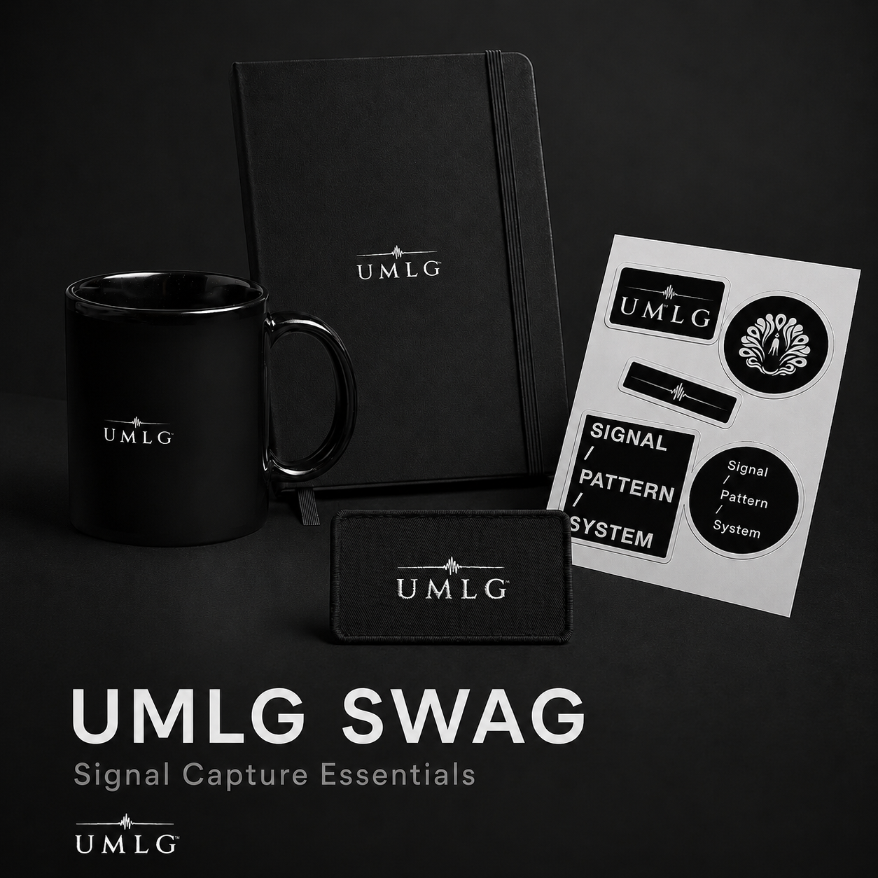 UMLG SWAG product collection mockup featuring a black mug, black notebook, patch, and sticker sheet with UMLG branding and Signal Capture Essentials text.