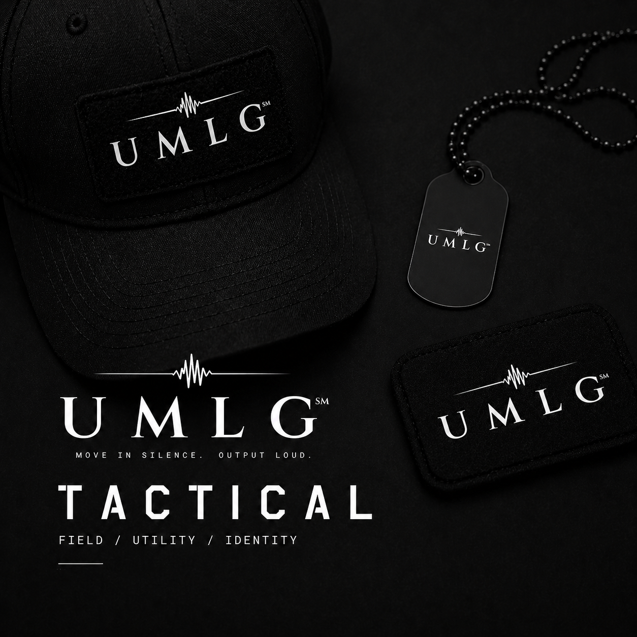 UMLG Tactical collection mockup featuring a black cap, dog tag, and patch with UMLG branding on a dark background.