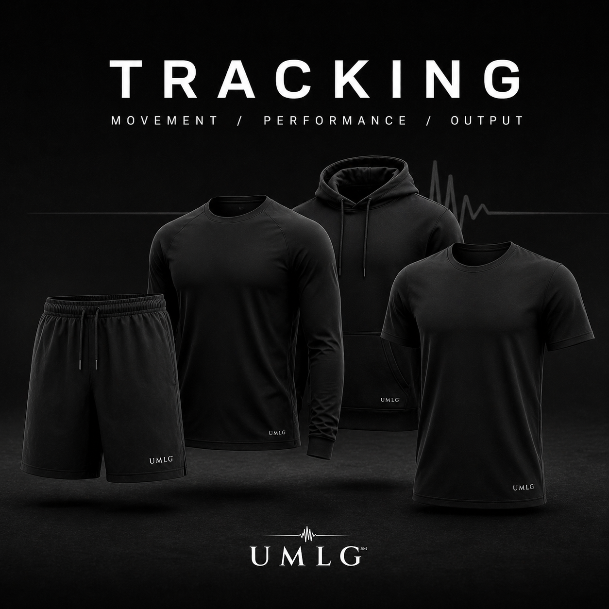 UMLG Tracking collection mockup featuring black performance apparel, including shorts, shirts, and a hoodie with UMLG branding on a dark background.